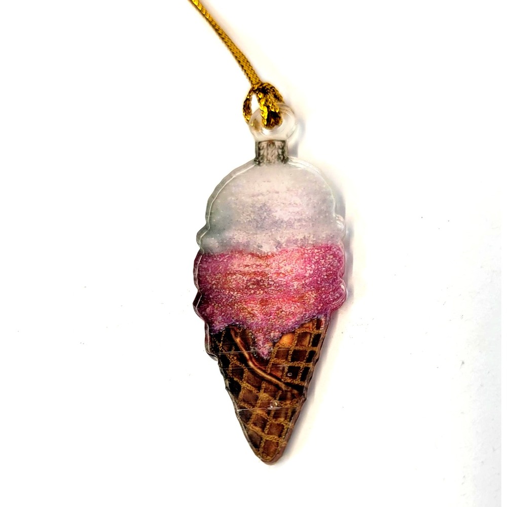 Ice Cream Cone Hanging Ornament Small Acrylic Gold Cord Christmas Tree Decor NEW